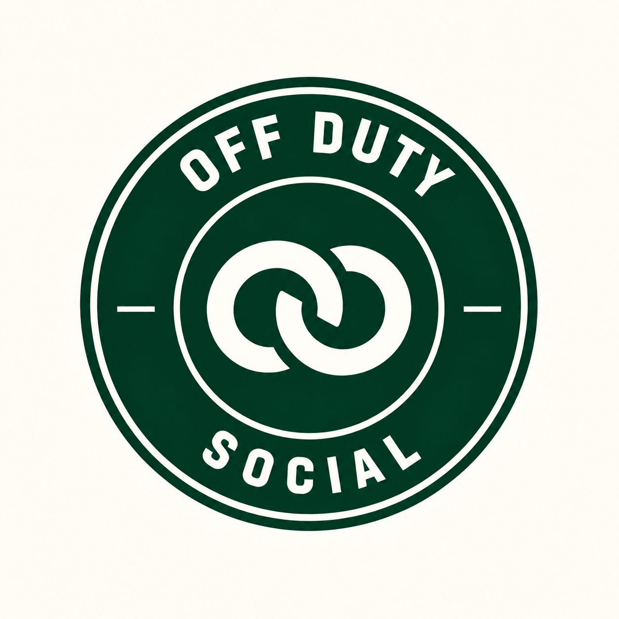 OFF DUTY SOCIAL circular forest-green and cream linked-ring badge